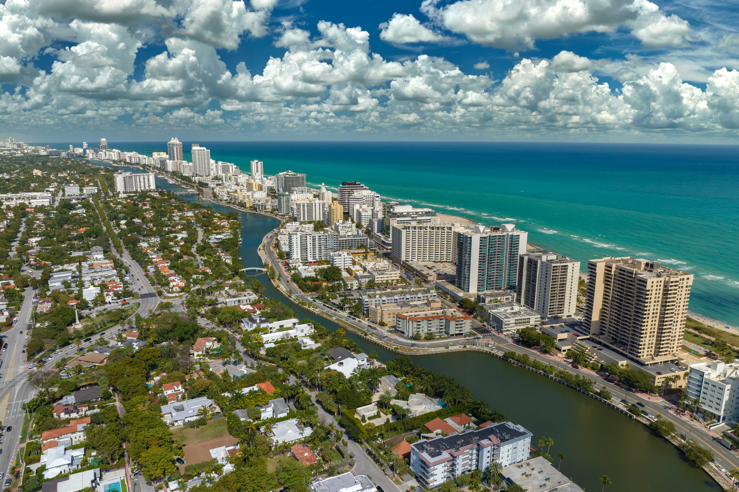 Ocean warm waters and sandy beachfront at Miami Beach in Florida, USA