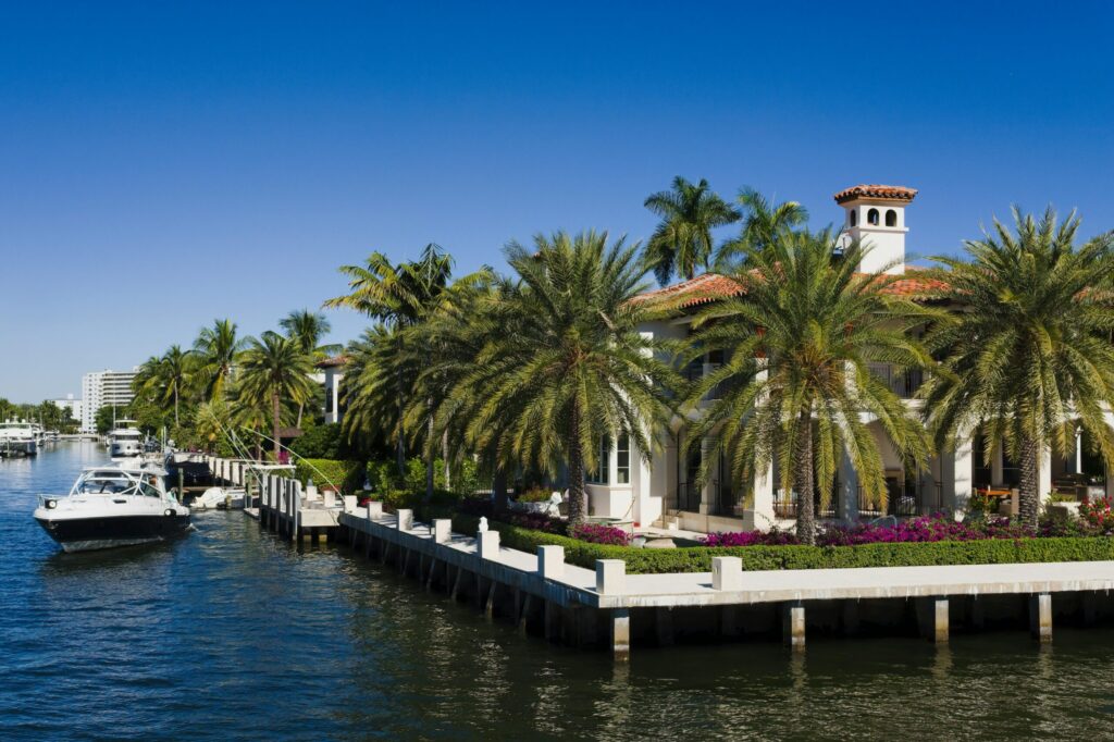 a view of boats on a river near palm trees