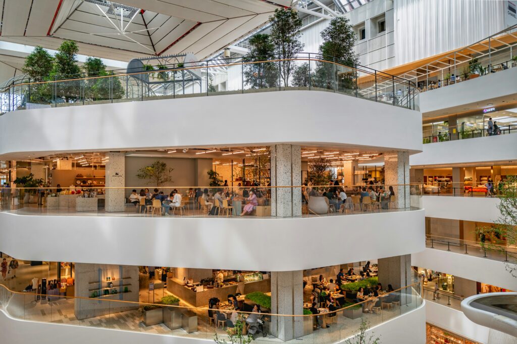 people walking on a multi-level mall